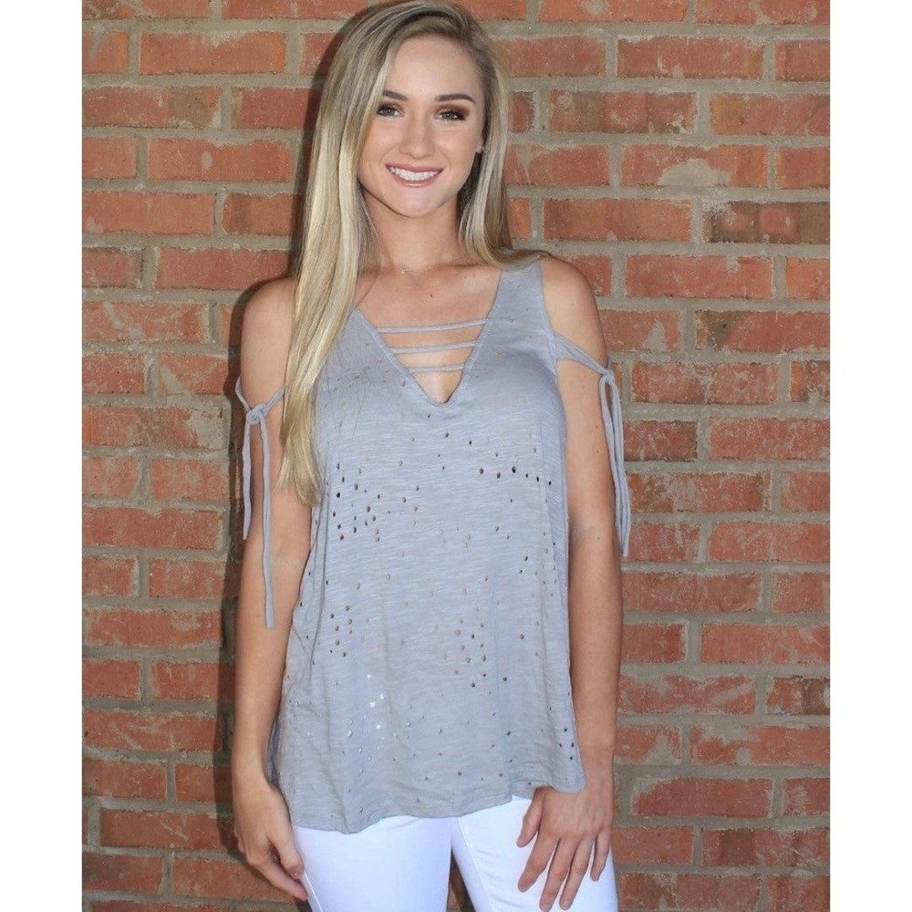 Womens Boutique Grey Distressed Tank Top Bow Ties V Neck Trendy Gameday Fall NWT